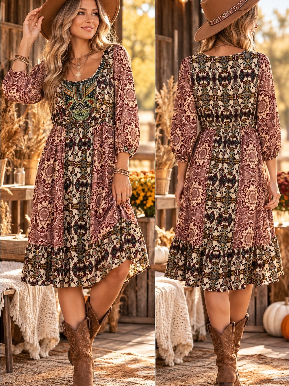 Boho Patchwork Midi Dress - Rustic Pink Floral